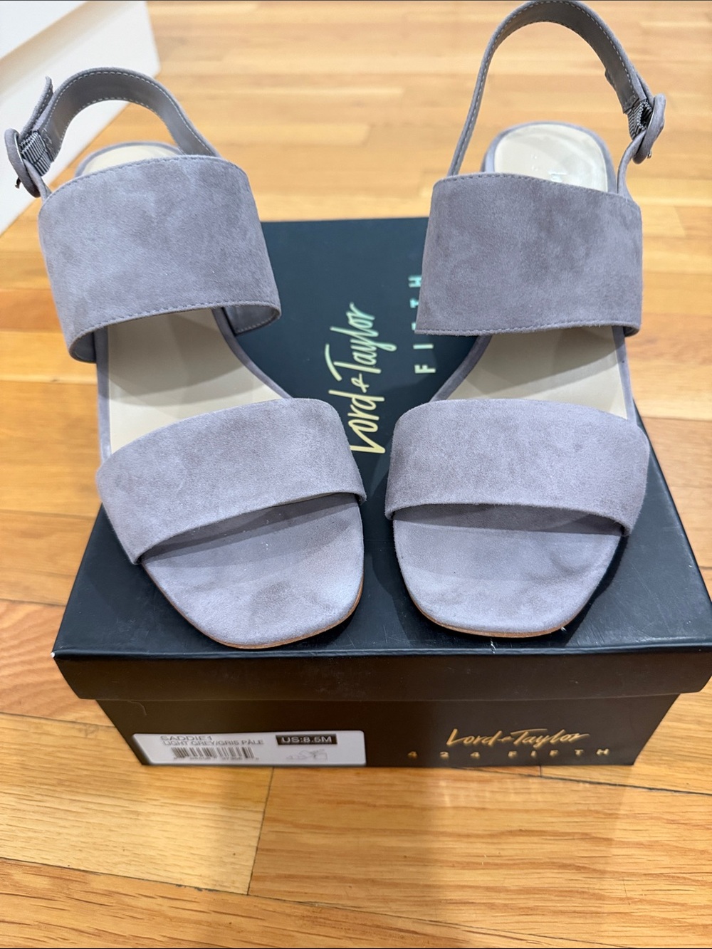 Lord & Taylor Gray Suede Two-Strap Block Heel Sandals